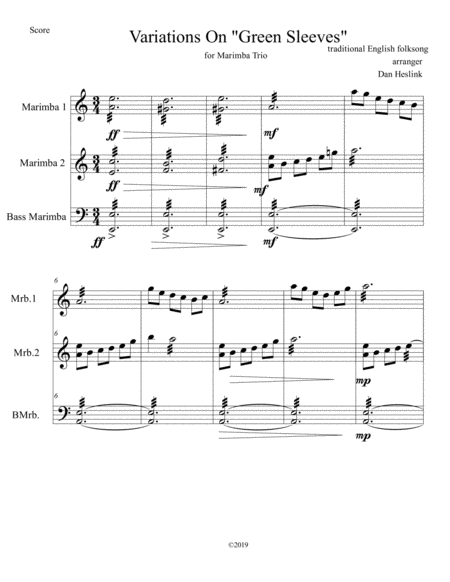 Variations On Green Sleeves For Marimba Trio Sheet Music