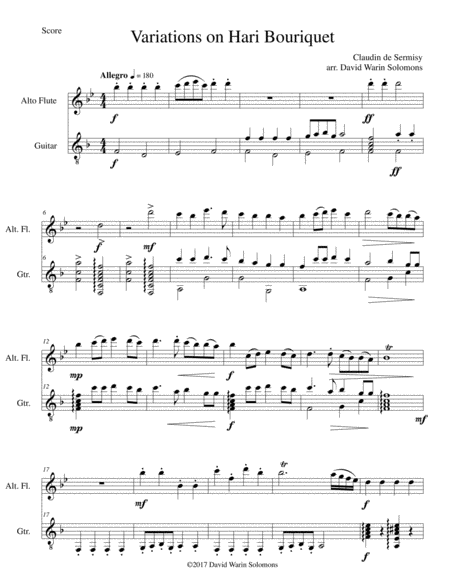 Free Sheet Music Variations On Hari Bouriquet For Alto Flute And Guitar