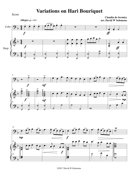 Free Sheet Music Variations On Hari Bouriquet For Cello And Harp