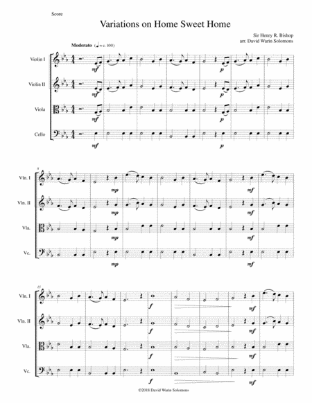 Variations On Home Sweet Home Theres No Place Like Home For String Quartet Sheet Music