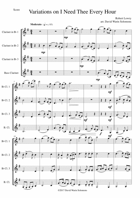 Variations On I Need Thee Every Hour For Clarinet Quartet Sheet Music