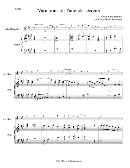 Variations On J Attends Secours For Alto Recorder And Piano Sheet Music