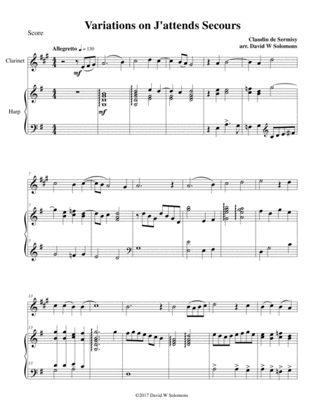 Free Sheet Music Variations On J Attends Secours For Clarinet And Harp