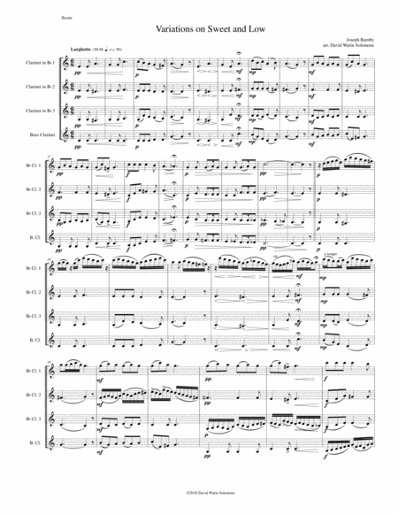 Free Sheet Music Variations On Joseph Barnbys Sweet And Low For Clarinet Quartet