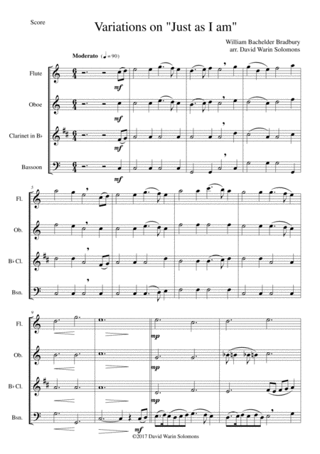 Free Sheet Music Variations On Just As I Am For Wind Quartet