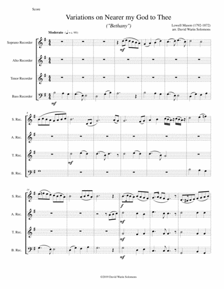 Variations On Nearer My God To Thee Bethany For Recorder Quartet Sheet Music