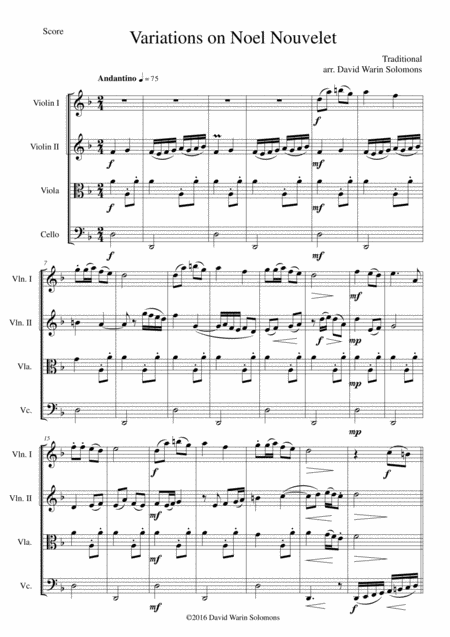 Variations On Noel Nouvelet For String Quartet Sheet Music