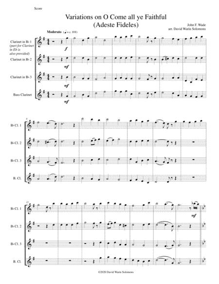 Variations On O Come All Ye Faithful Adeste Fideles For Clarinet Quartet Sheet Music