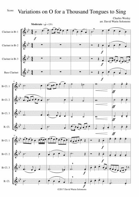 Variations On O For A Thousand Tongues To Sing For Clarinet Quartet 3 Clarinets And 1 Bass Clarinet Sheet Music