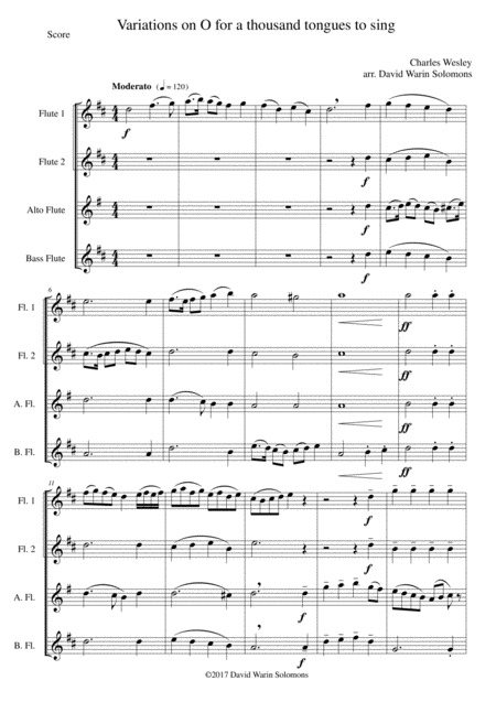 Variations On O For A Thousand Tongues To Sing For Flute Quartet 2 Flutes Alto And Bass Flutes Sheet Music