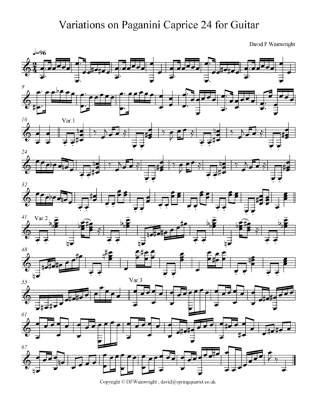 Variations On Paganini Caprice 24 For Guitar With Staff Notation Tab Mp3 Sheet Music