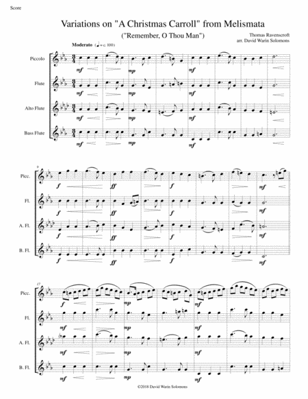 Variations On Remember O Thou Man A Christmas Carroll From Ravenscrofts Melismata For Flute Quartet Piccolo Flute Alto Flute And Bass Flute Sheet Music