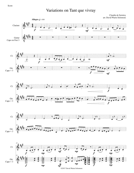 Free Sheet Music Variations On Tant Que Vivray For Clarinet And Guitar