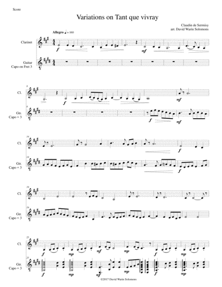 Variations On Tant Que Vivray For Clarinet And Guitar Sheet Music