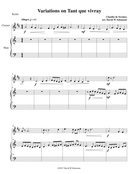 Free Sheet Music Variations On Tant Que Vivray For Clarinet And Harp