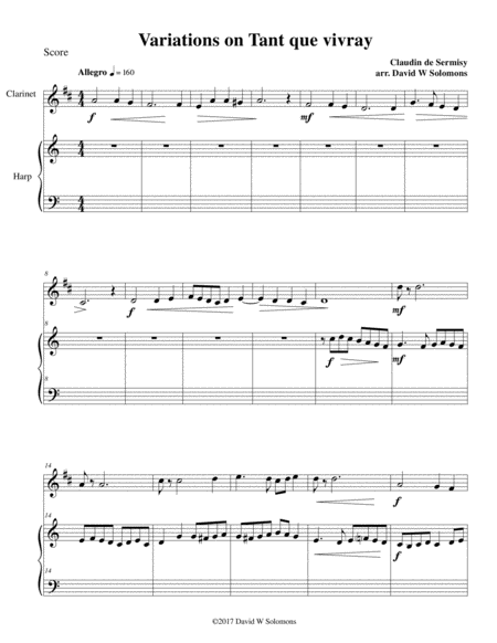 Variations On Tant Que Vivray For Clarinet And Harp Sheet Music