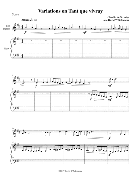 Free Sheet Music Variations On Tant Que Vivray For Cor Anglais And Harp