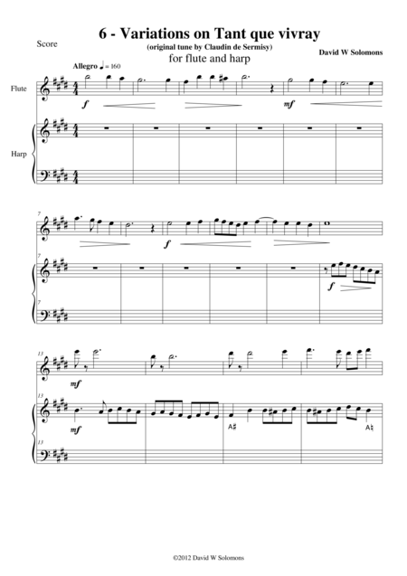 Variations On Tant Que Vivray For Flute And Harp Sheet Music