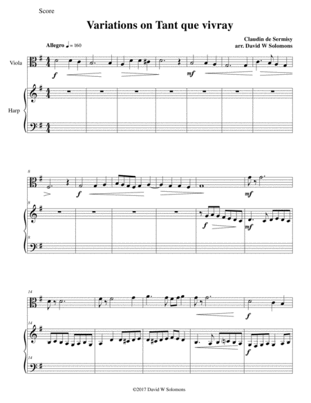 Free Sheet Music Variations On Tant Que Vivray For Viola And Harp