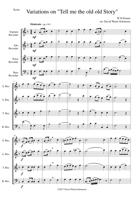 Free Sheet Music Variations On Tell Me The Old Old Story For Recorder Quartet