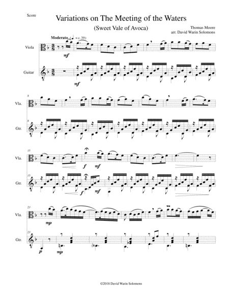 Free Sheet Music Variations On The Meeting Of The Waters Sweet Vale Of Avoca For Viola And Guitar
