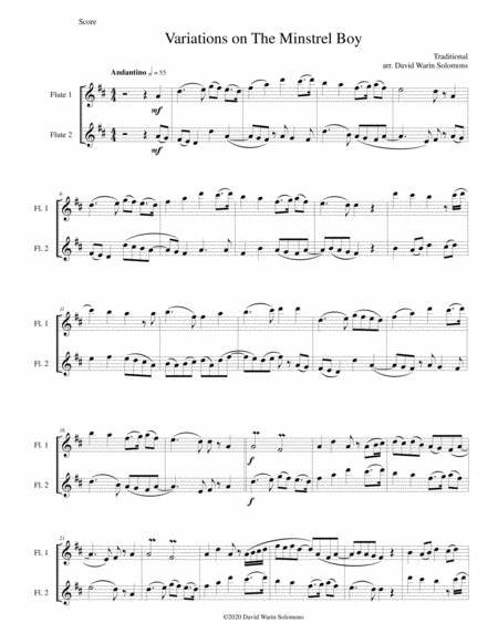 Free Sheet Music Variations On The Minstrel Boy For 2 Flutes