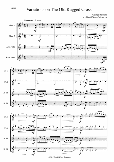 Variations On The Old Rugged Cross For Flute Quartet 2 C Flutes Alto Flute Bass Flute Sheet Music