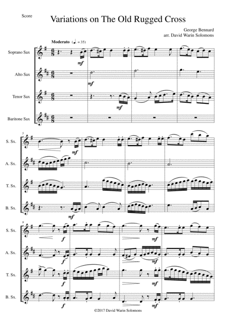 Variations On The Old Rugged Cross For Saxophone Quartet Sheet Music