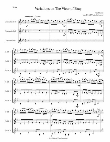 Free Sheet Music Variations On The Vicar Of Bray For Clarinet Trio