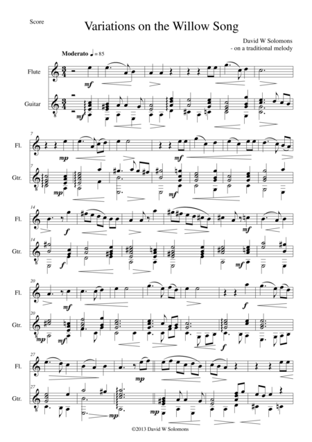 Variations On The Willow Song For Flute And Guitar Sheet Music