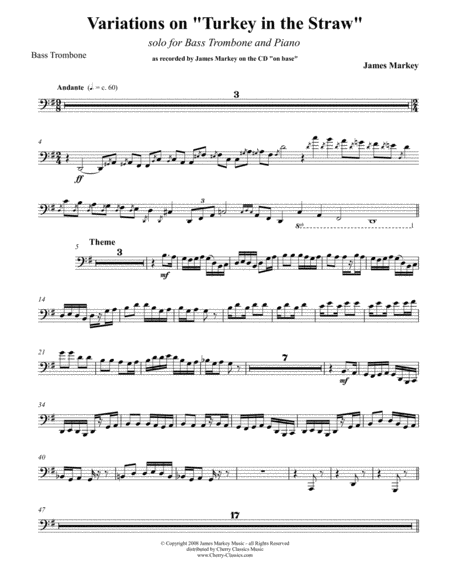 Free Sheet Music Variations On Turkey In The Straw For Bass Trombone Piano