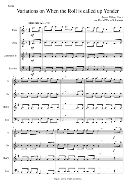 Variations On When The Roll Is Called Up Yonder For Wind Quartet Sheet Music