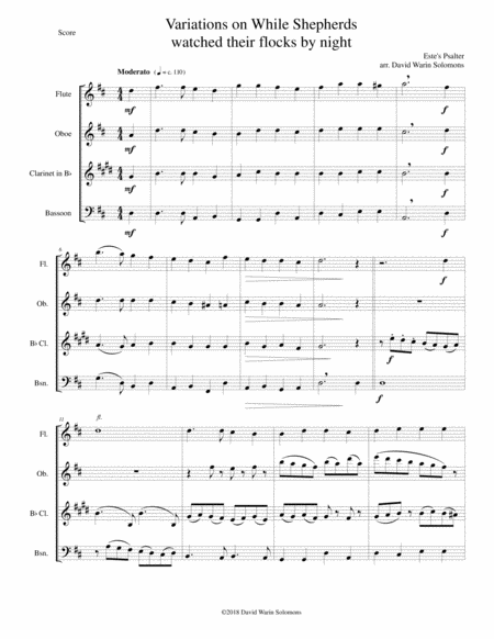 Variations On While Shepherds Watched Their Flocks By Night For Wind Quartet Sheet Music