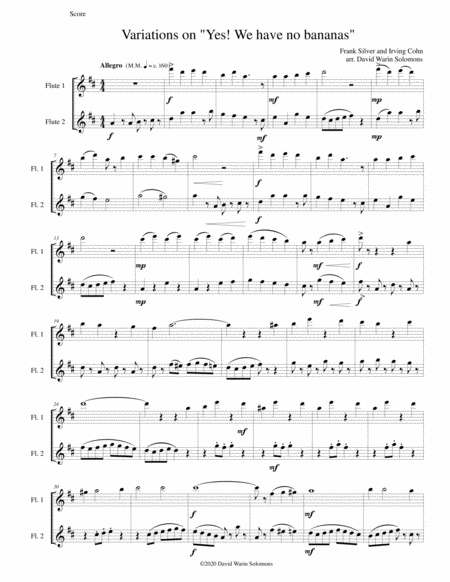 Free Sheet Music Variations On Yes We Have No Bananas For 2 Flutes