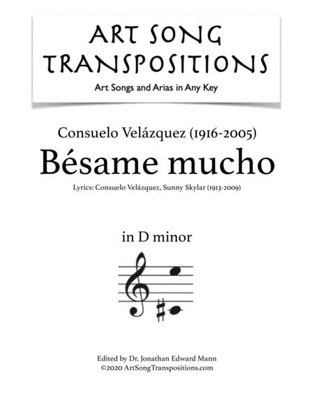 Free Sheet Music Velzquez Bsame Mucho In English Transposed To D Minor