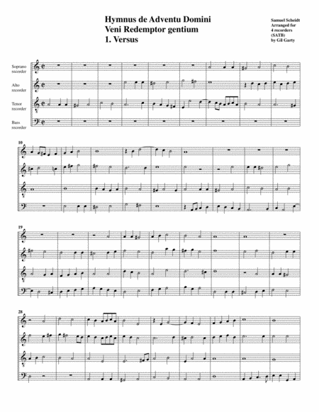 Veni Redemptor Gentium Arrangement For 4 Recorders Sheet Music