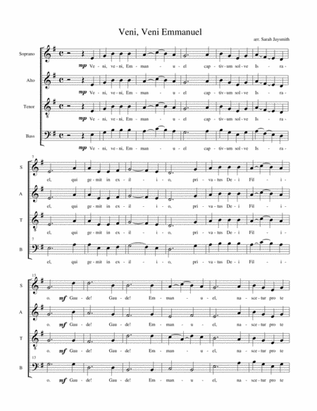 Free Sheet Music Veni Veni Emmanuel O Come O Come Emmanuel Satb A Cappella Arranged By Sarah Jaysmith Traditional Carol