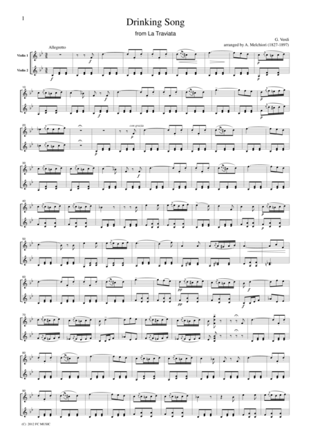 Free Sheet Music Verdi Brindisi From La Traviata For 2 Violins Vn208