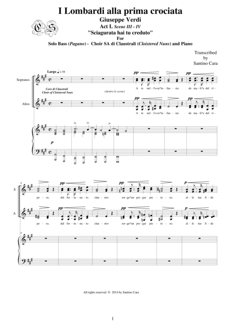 Verdi I Lombardi Alla Prima Crociata Act1 Iii Iv Sciagurata Ha Tu Creduto Solo Bass Choir Sa And Piano Sheet Music