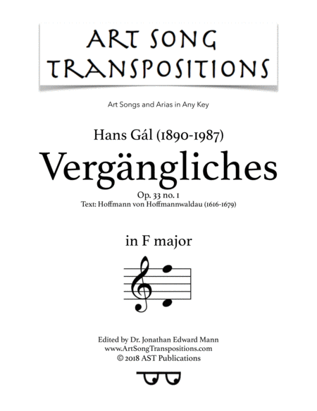 Vergngliches Op 33 No 1 F Major Sheet Music