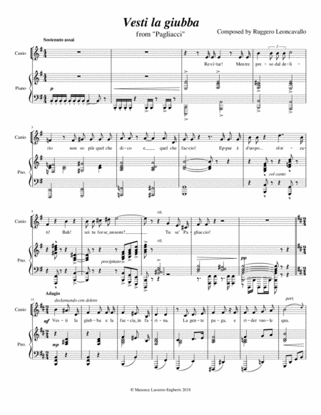 Free Sheet Music Vesti La Giubba Low Voice