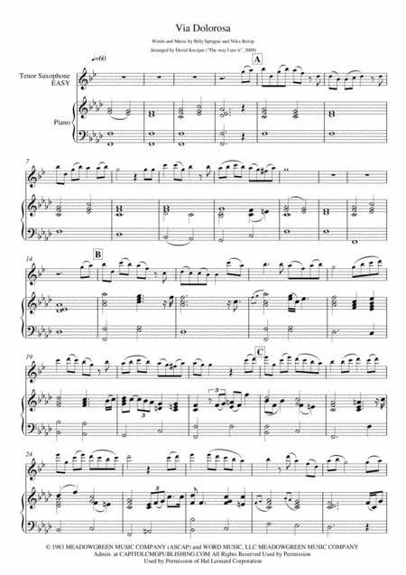 Via Dolorosa Piano Tenor Sax Easy Sheet Music