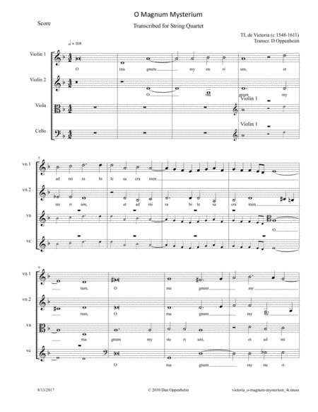 Victoria O Magnum Mysterium With Arr For String Quartet Or Voices Sheet Music