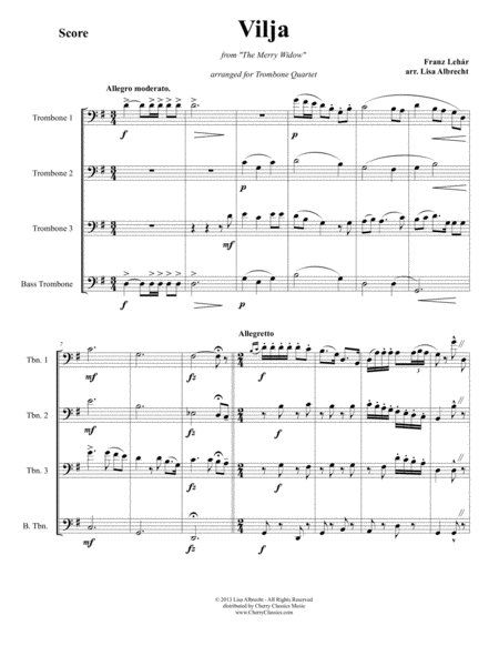 Vilja From The Merry Widow For Trombone Quartet Sheet Music