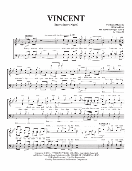 Vincent Starry Starry Night Chorus Pricing Sheet Music