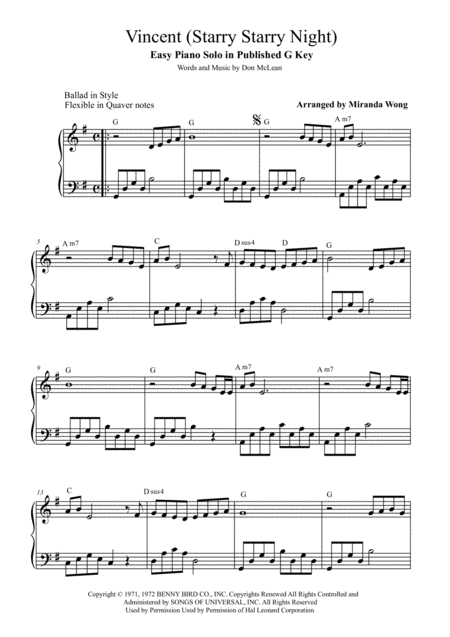 Vincent Starry Starry Night Easy Piano Solo In Published G Key With Chords Sheet Music