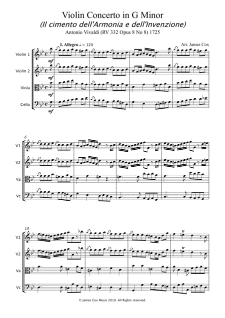 Free Sheet Music Violin Concerto In G Minor String Quartet Antonio Vivaldi Rv 332 Opus 8 No 8