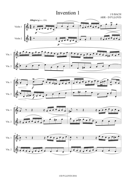 Violin Duets 5 Js Bach Keyboard Inventions Arranged For 2 Violins Sheet Music