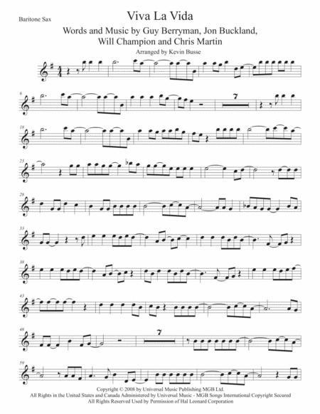 Free Sheet Music Viva La Vida Bari Sax