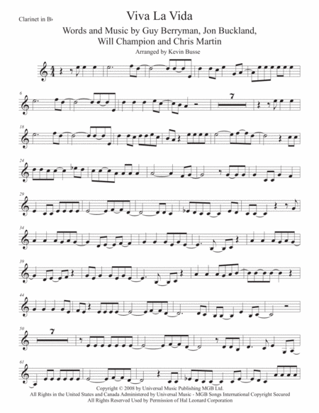 Free Sheet Music Viva La Vida Clarinet